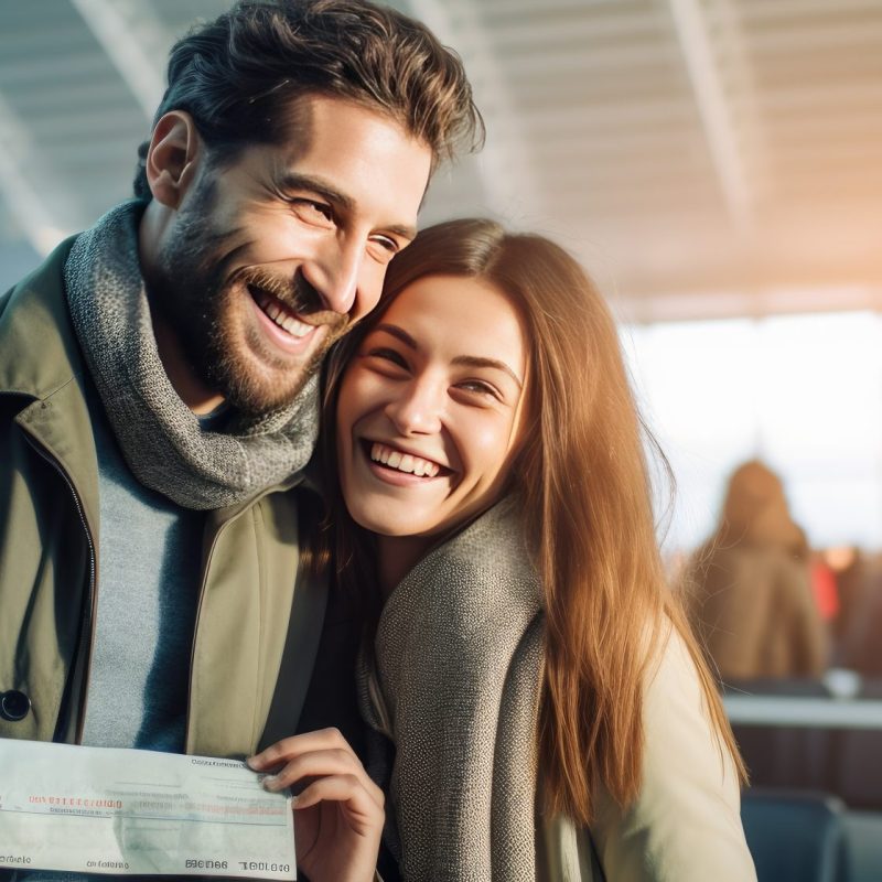 Smiling couple with passports ready for vacation standing near travel offer